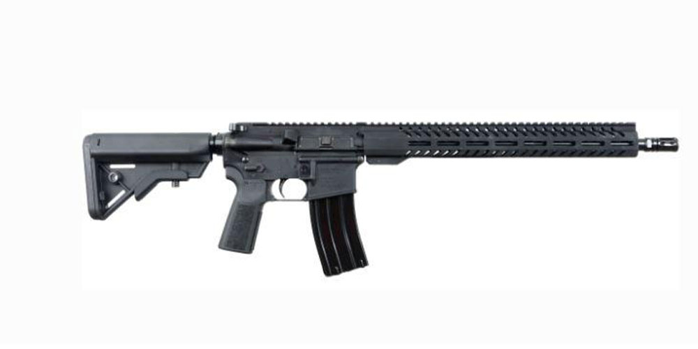 Side view of a AK/AR with a telescopic stock and picatinny rail, isolated on a white background.