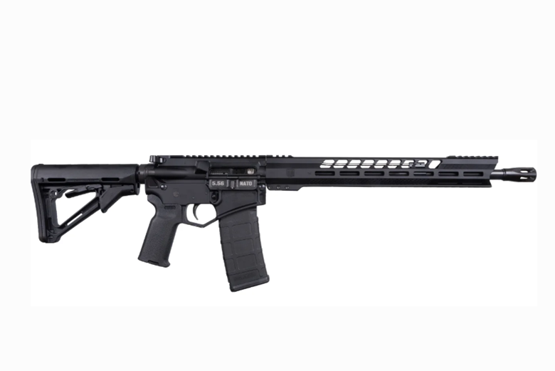 Side view of a modern black semi-automatic rifle isolated on a white background.