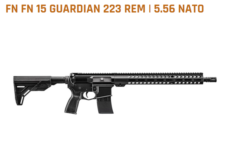 Black fn 15 guardian rifle capable of firing .223 rem and 5.56 nato rounds, viewed against a white background.